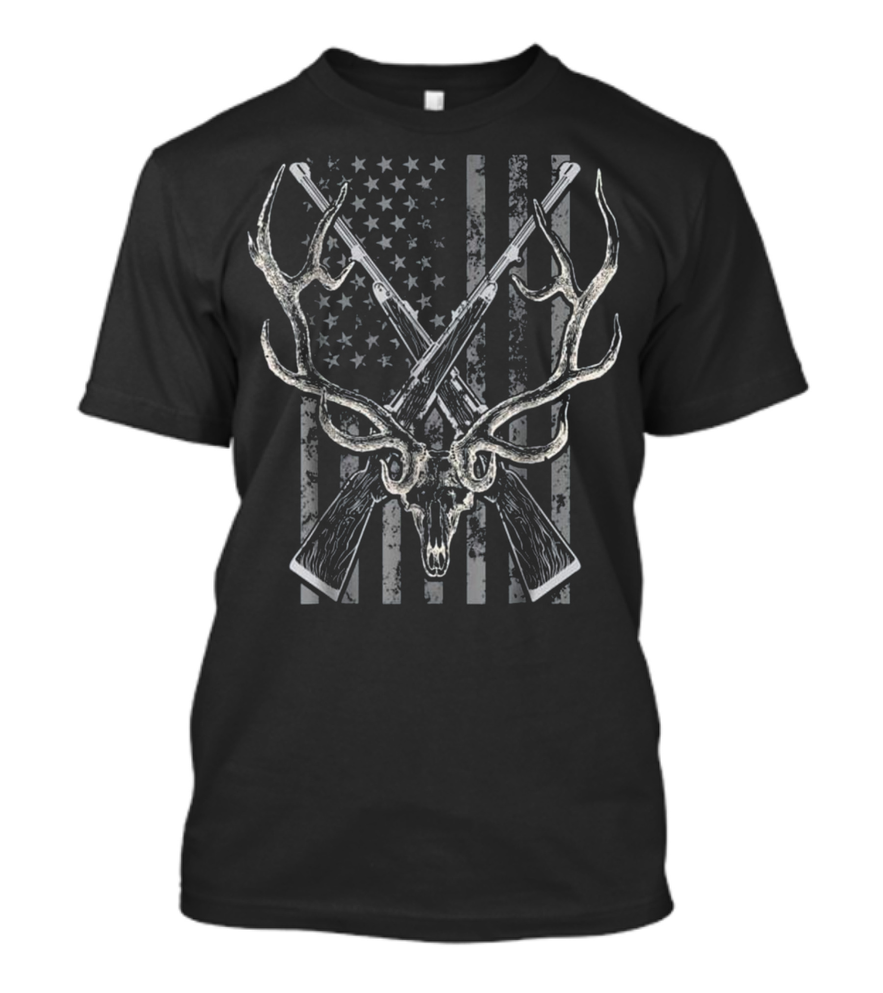 American USA Flag Deer Skull Antlers Crossed Guns Hunting T-Shirt