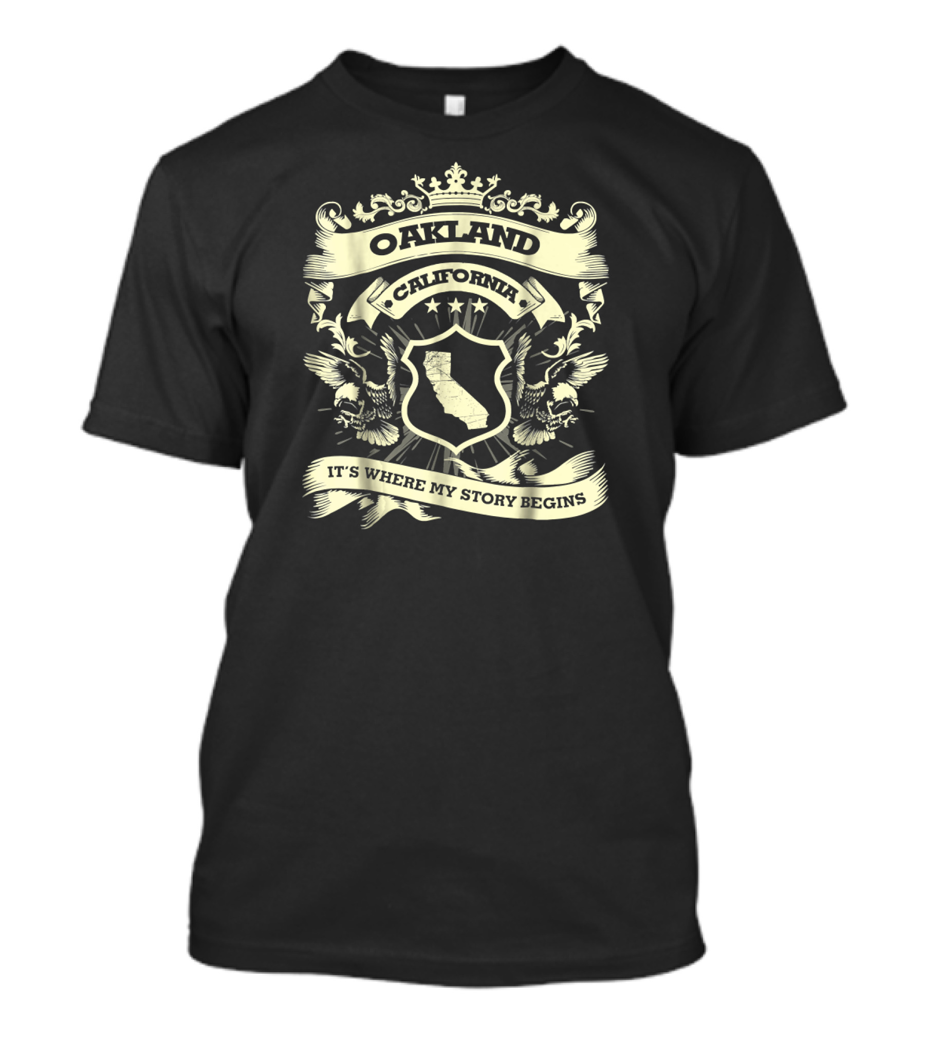 Oakland California It's Where My Story Begins Crest With California Map And Eagles T-Shirt
