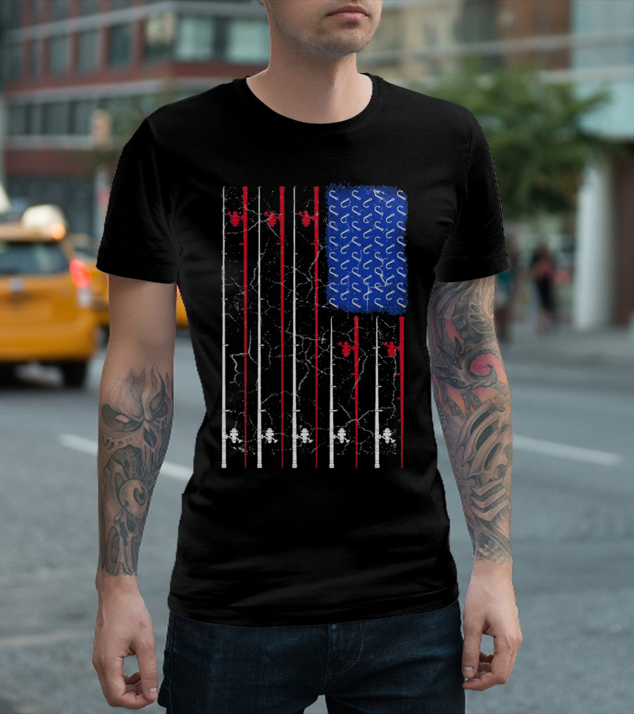 American Flag Fishing Rods with Hooks Theme Fisherman Flag T-Shirt