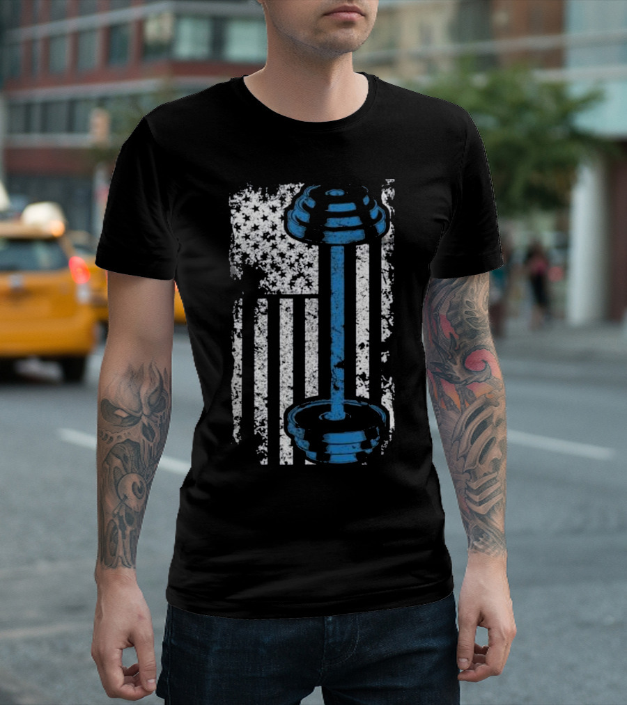 American Flag Dumbbell Workout Fitness USA Weights T-Shirt