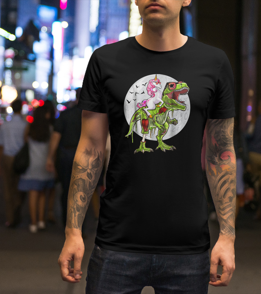 Halloween Unicorn Riding Zombie T Rex Dinosaur Moon Scene T-Shirt
