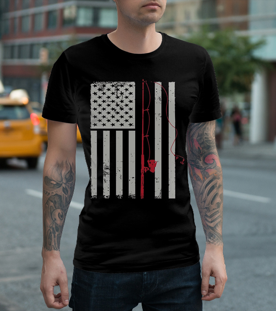 American Flag with Patriotic Fishing Pole T-Shirt