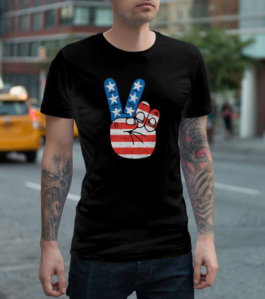 American Flag Peace Sign Hand Fourth Of July T-Shirt