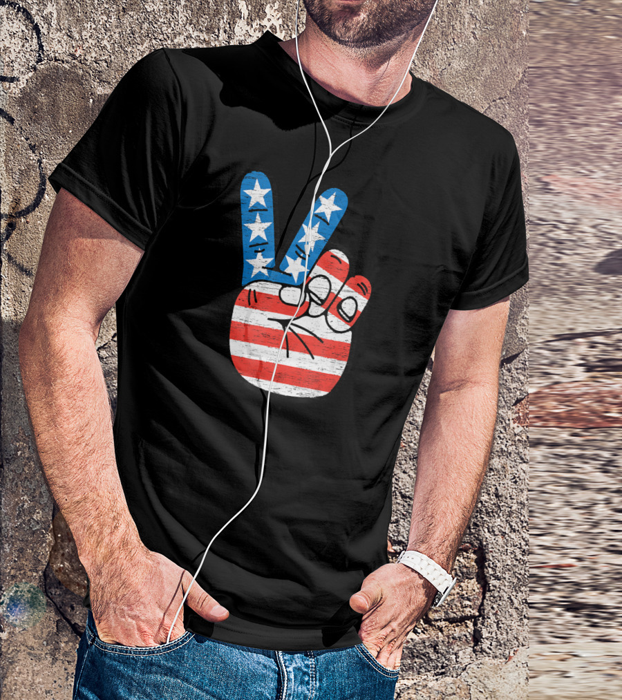 American Flag Peace Sign Hand Fourth Of July T-Shirt