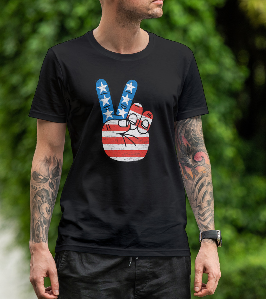 American Flag Peace Sign Hand Fourth Of July T-Shirt