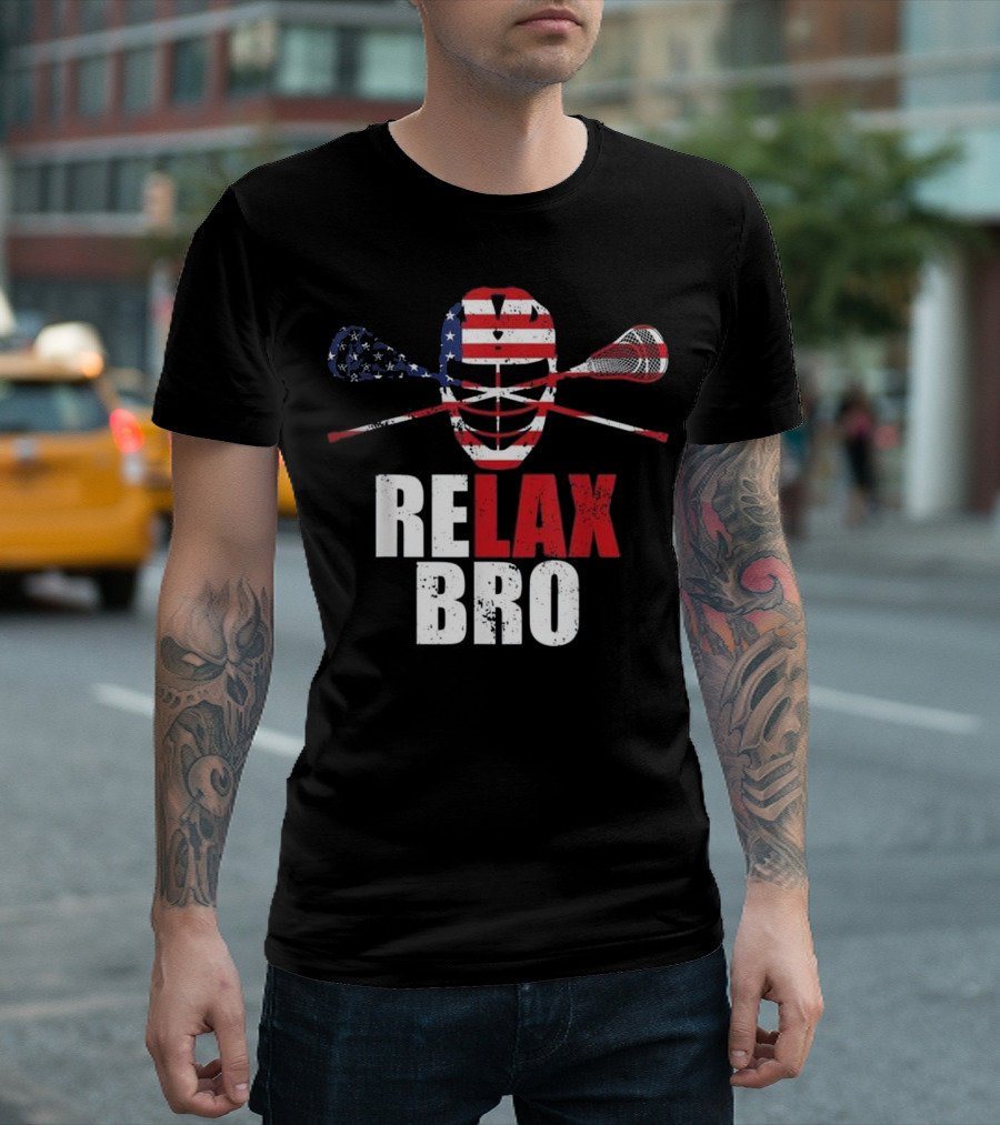 American Flag Relax Bro Lacrosse Mask and Crossed Sticks T-Shirt