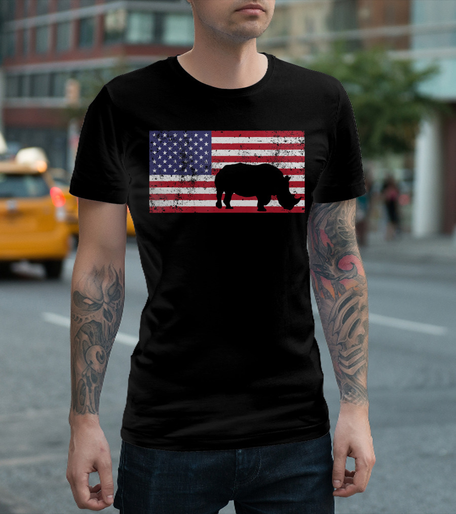 American Flag Rhino July 4th Conservation R Wildlife Independence Day T-Shirt