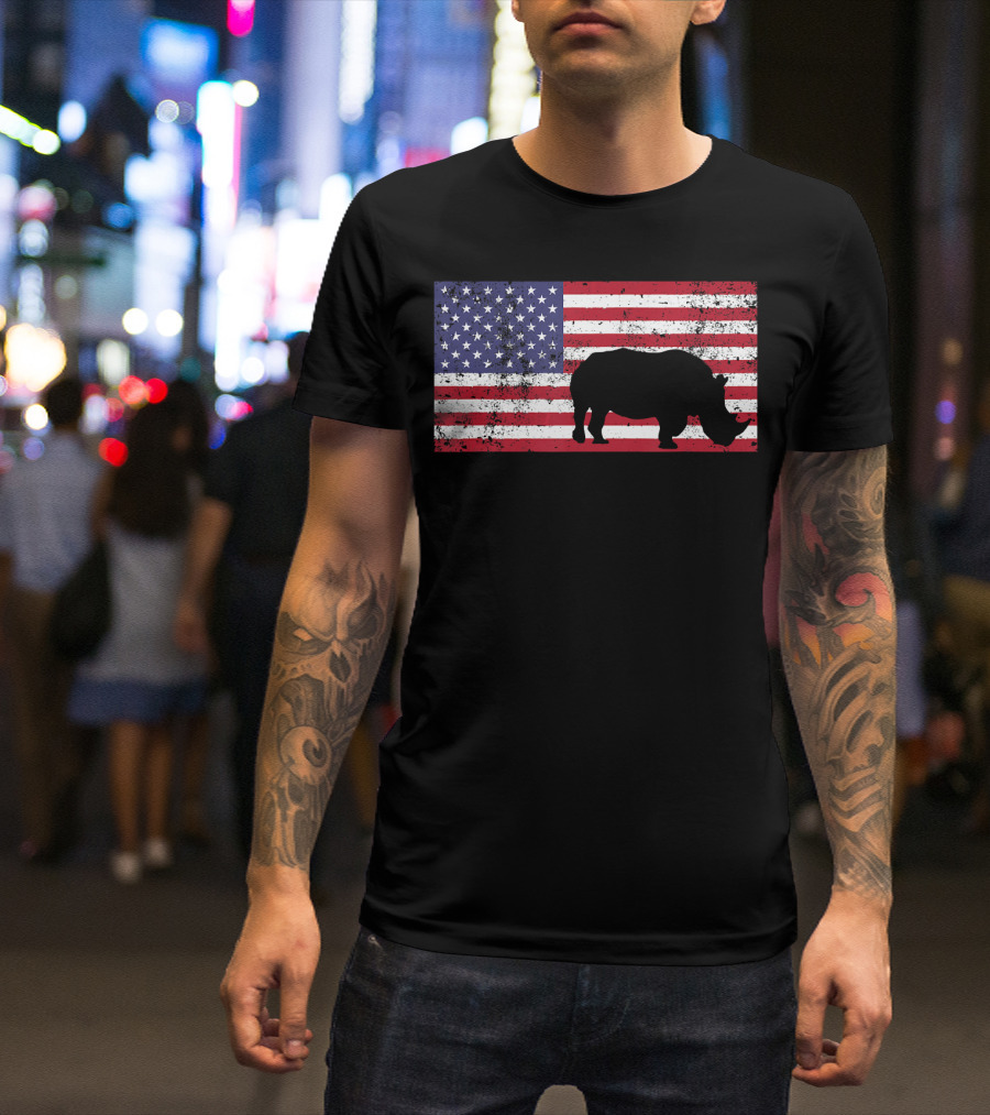 American Flag Rhino July 4th Conservation R Wildlife Independence Day T-Shirt