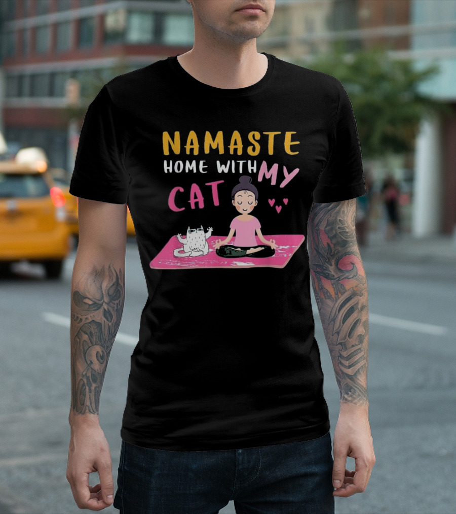 NAMASTE Home With My CAT Yoga Mat Relaxation Cartoon T-Shirt