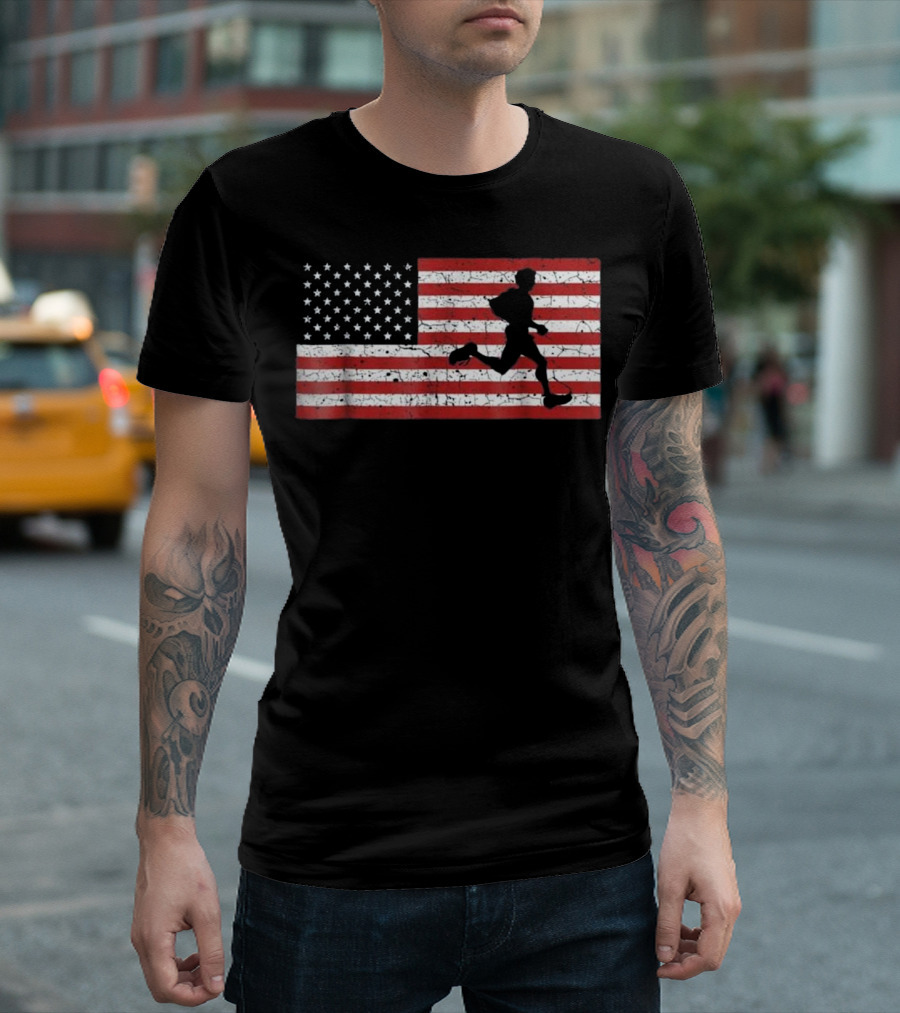 American Flag Runner Silhouette Running Gift T-Shirt