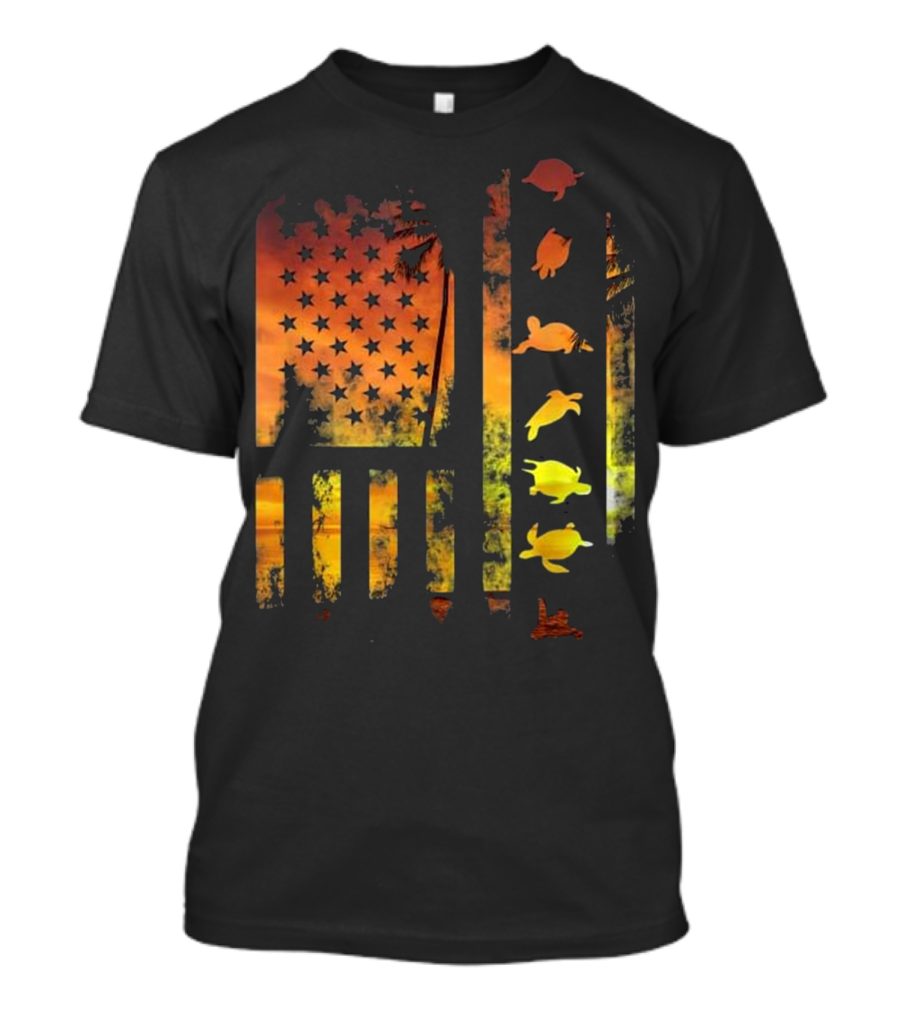 Sunset American Flag Sea Turtle Silhouette Stars Ocean T-Shirt