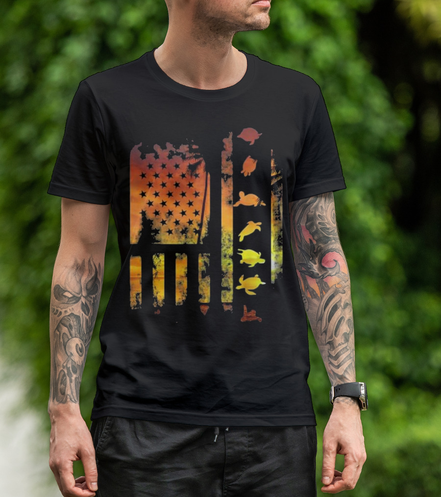 Sunset American Flag Sea Turtle Silhouette Stars Ocean T-Shirt