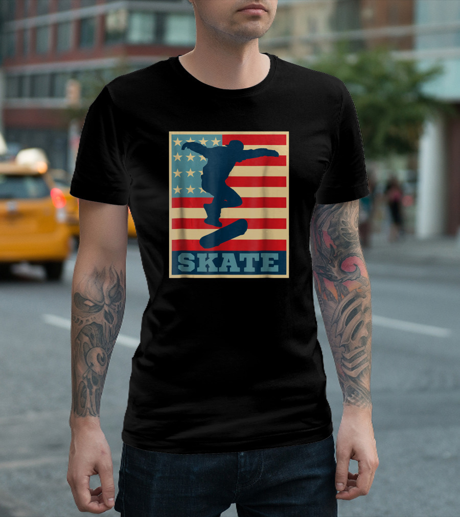 Skateboarding Silhouette American Flag Stars and Stripes Skate T-Shirt