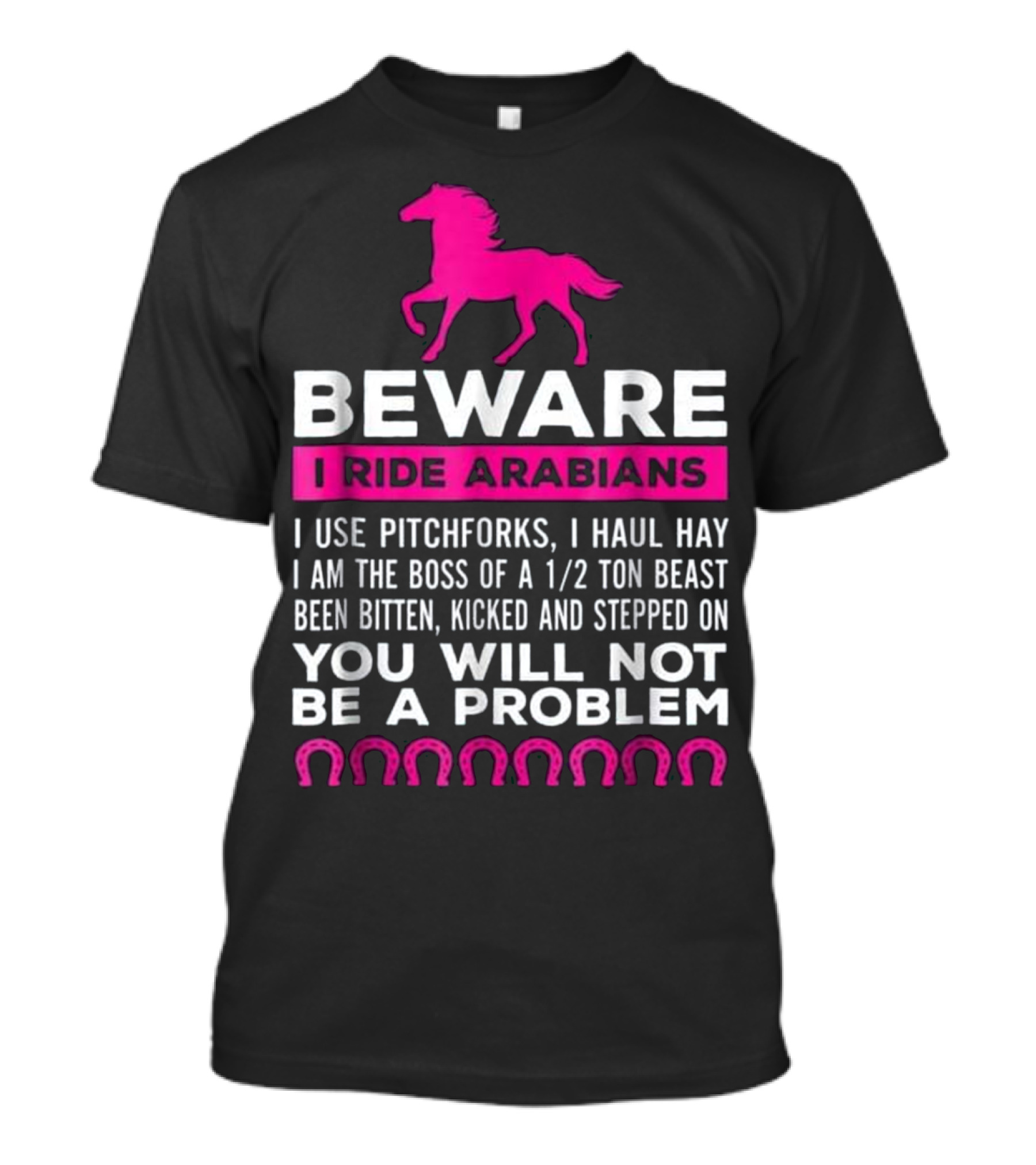 Beware I Ride Arabians I Use Pitchforks I Haul Hay I Am The Boss Of A 1/2 Ton Beast Been Bitten Kicked And Stepped On You Will Not Be A Problem T-Shirt