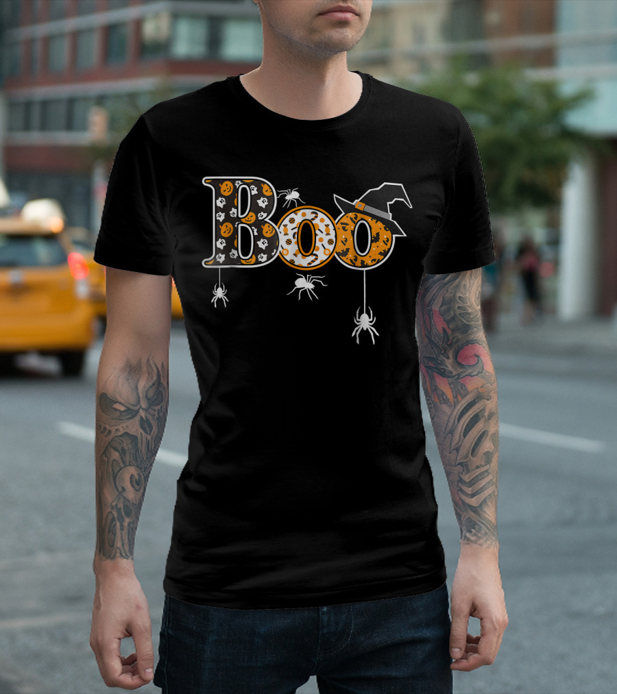 Boo Halloween With Spiders Witch Hat Pumpkins Ghosts T-Shirt