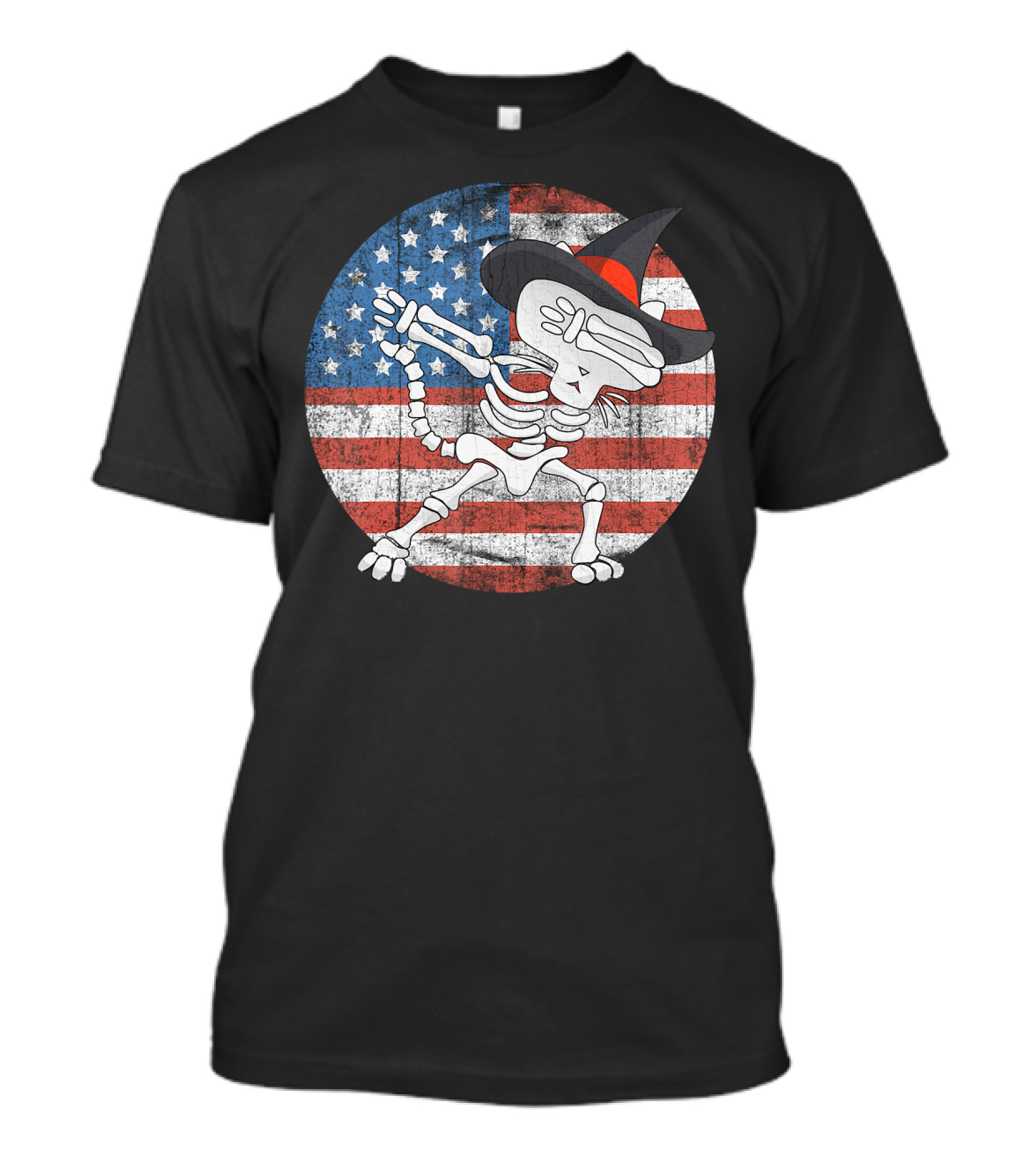 Halloween Skeleton Dabbin' Witch Hat American Flag T-Shirt