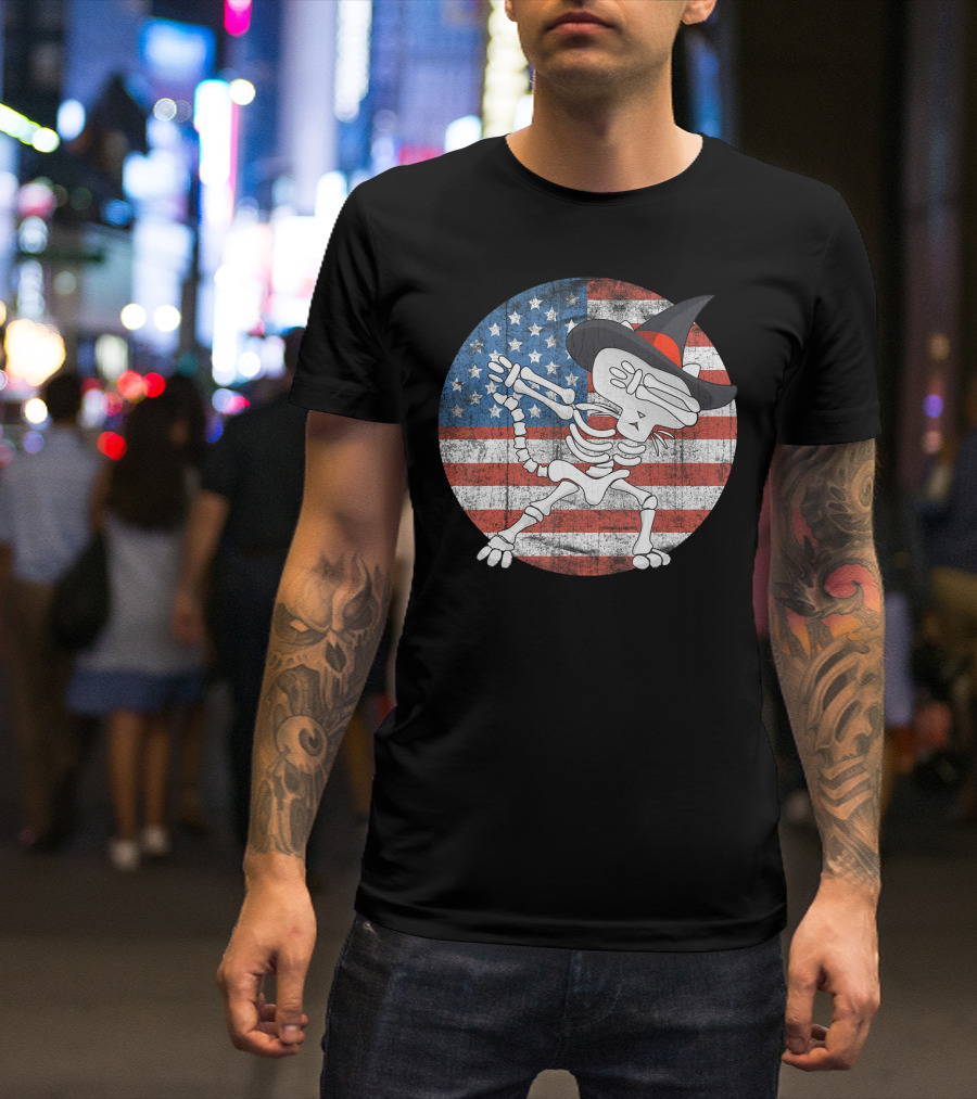 Halloween Skeleton Dabbin' Witch Hat American Flag T-Shirt