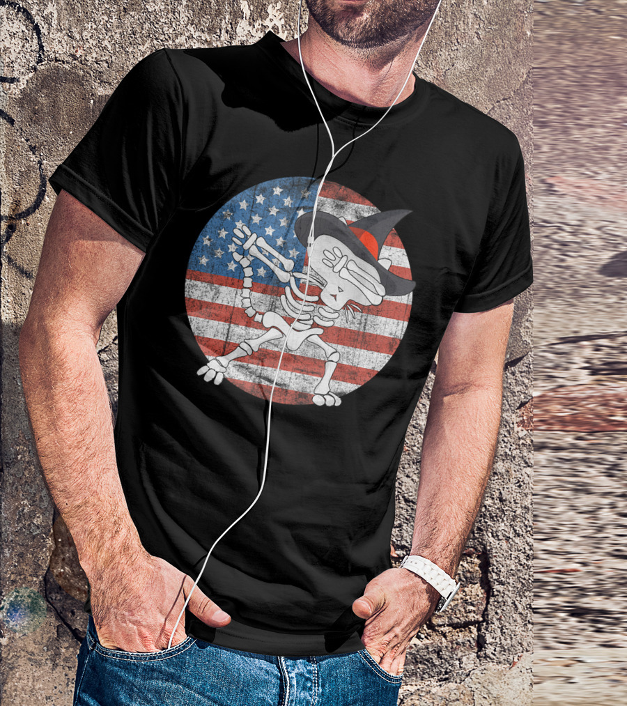 Halloween Skeleton Dabbin' Witch Hat American Flag T-Shirt