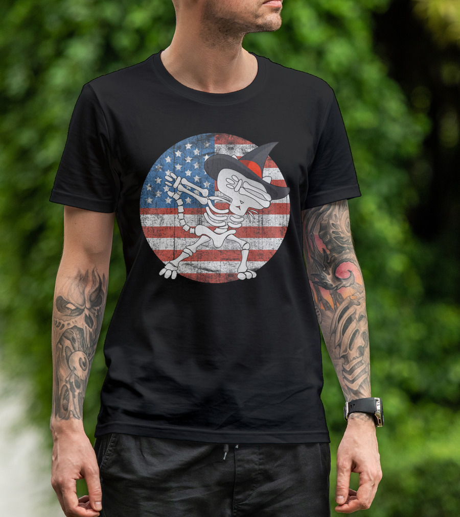 Halloween Skeleton Dabbin' Witch Hat American Flag T-Shirt