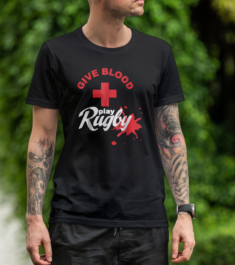 Give Blood Play Rugby Red Cross Symbol With Blood Splatter T-Shirt