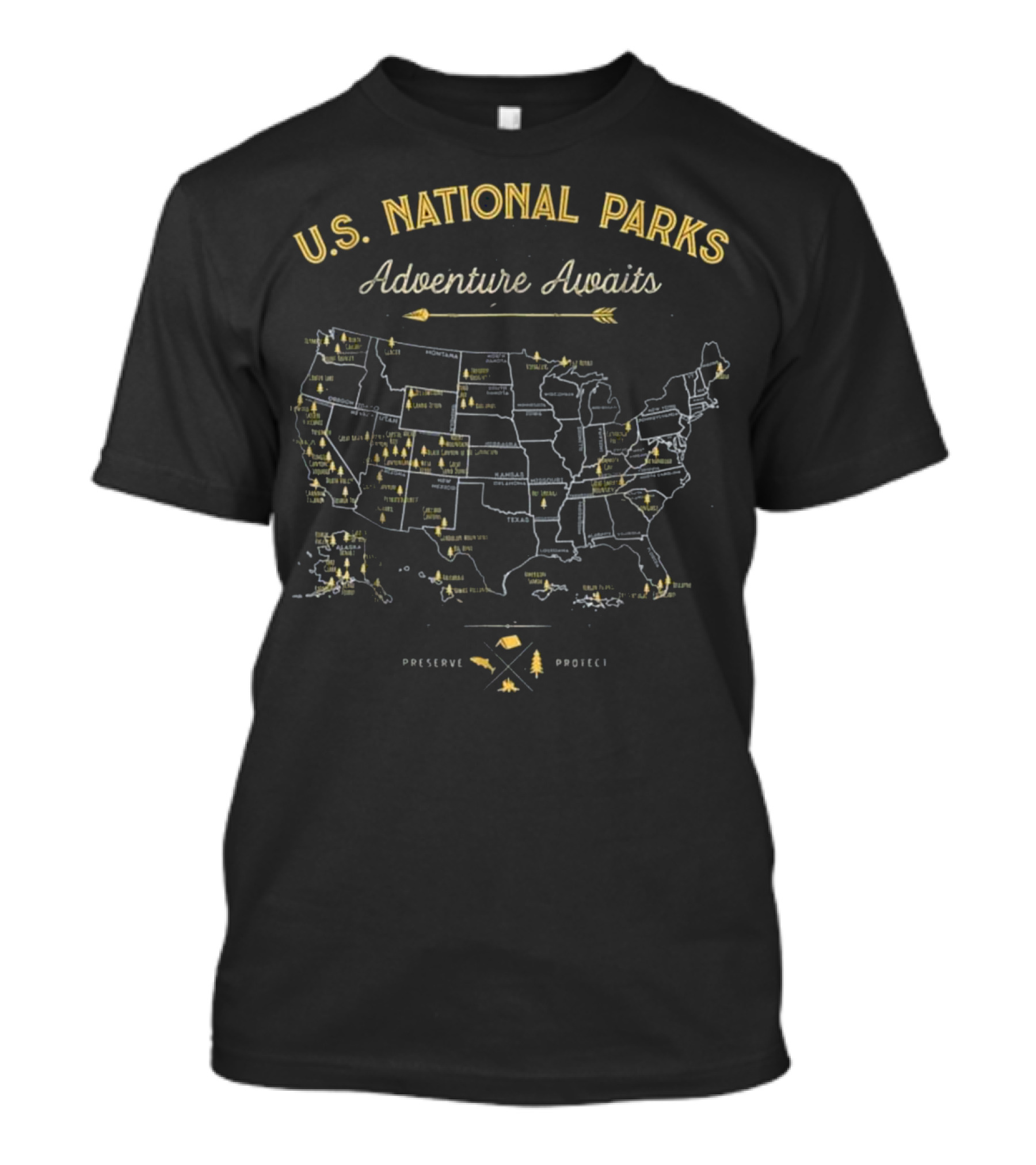 U.S. National Parks Adventure Awaits Preserve Project Map T-Shirt