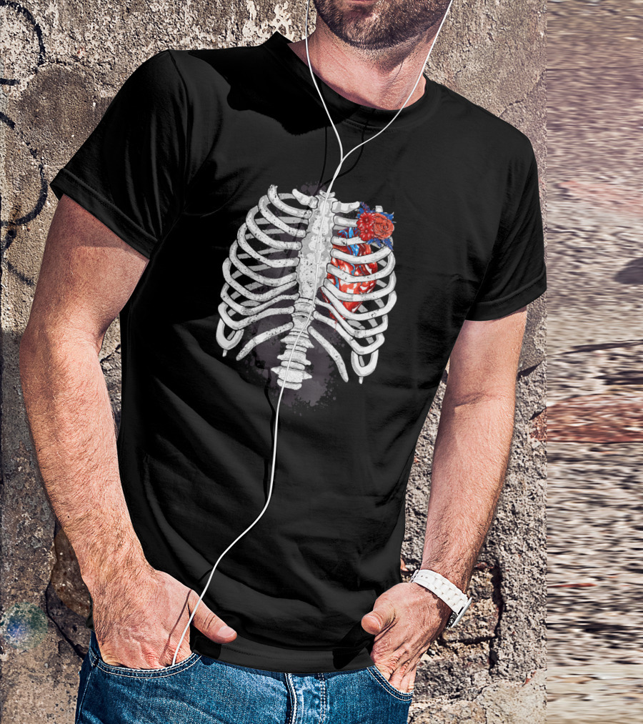 Halloween Skeleton Rib Cage Heart With Flower T-Shirt