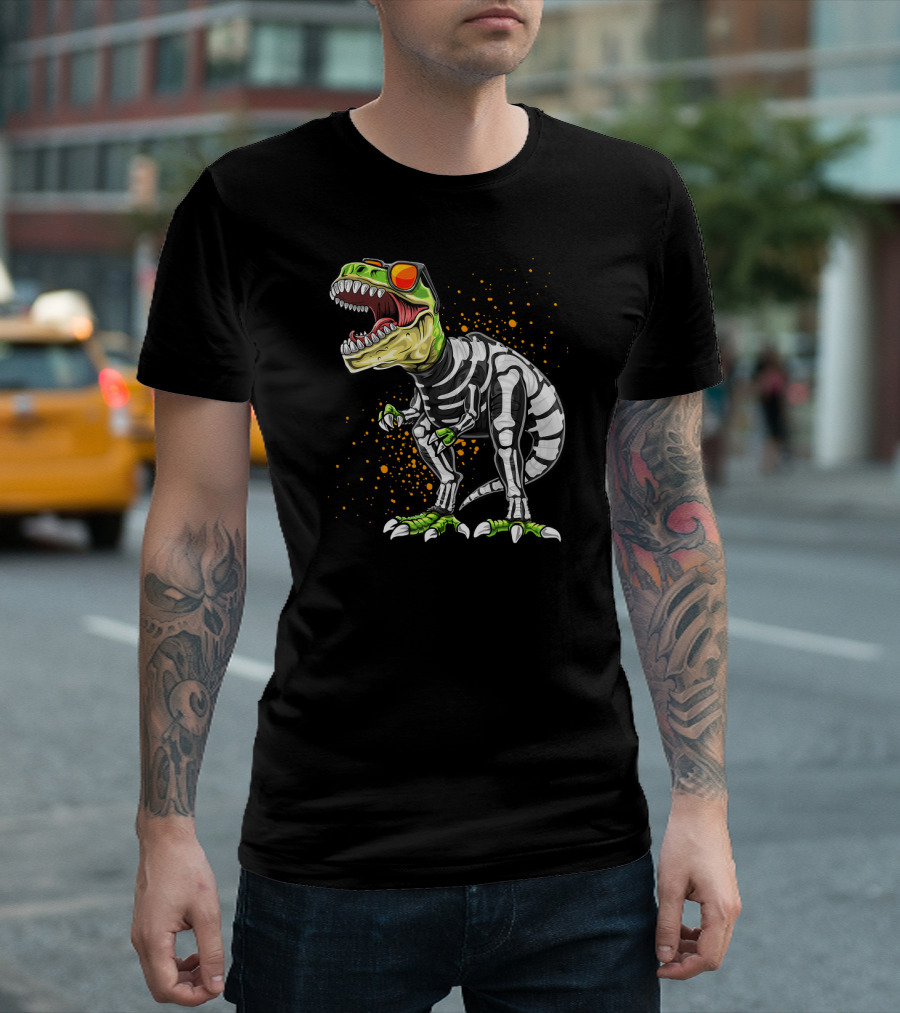 Halloween T-Rex Dinosaur Skeleton Costume With Green Accents T-Shirt