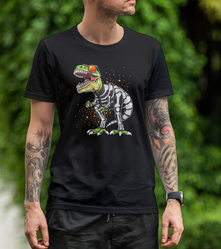 Halloween T-Rex Dinosaur Skeleton Costume With Green Accents T-Shirt