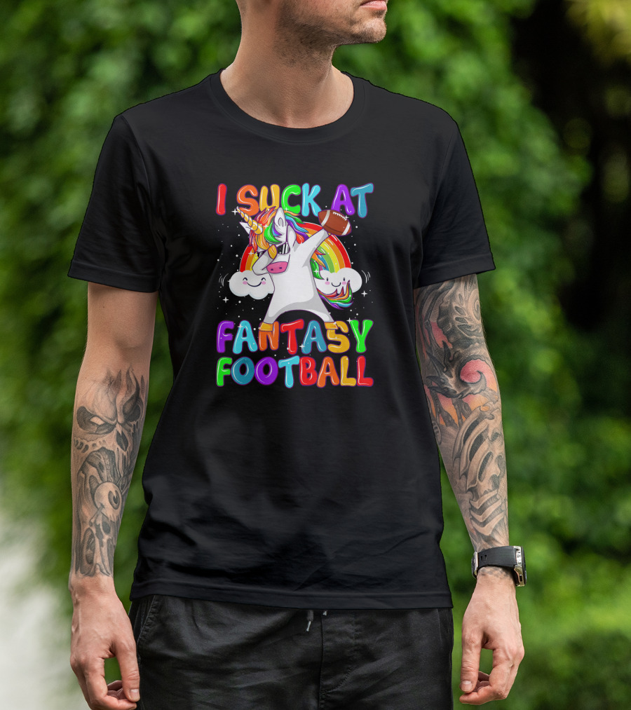 I Suck At Fantasy Football Unicorn Dab With Rainbow And Clouds T-Shirt