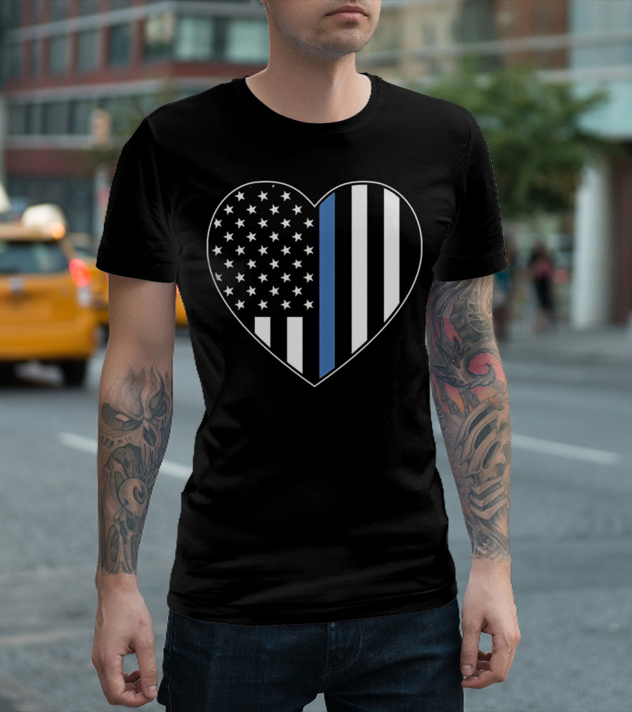 Police Law Enforcement Thin Blue Line Heart Flag T-Shirt