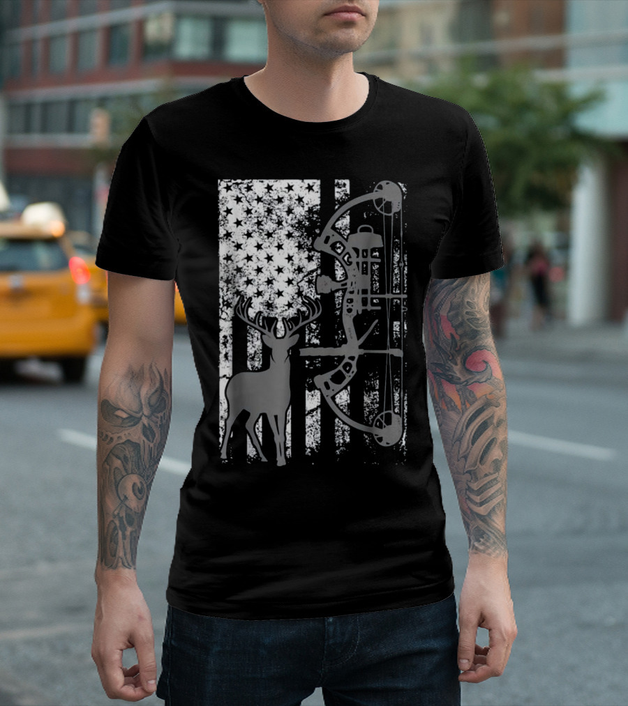 Bow Hunting Deer Love with American Flag T-Shirt