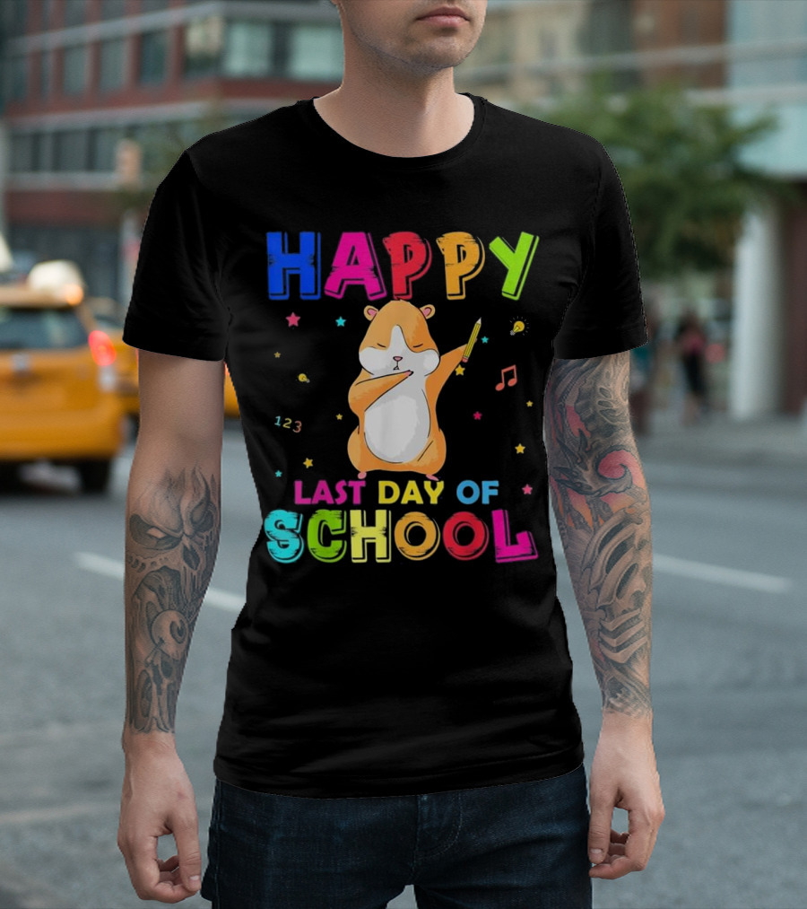 Happy Last Day Of School Dabbing Hamster With Colorful Letters And Musical Notes T-Shirt