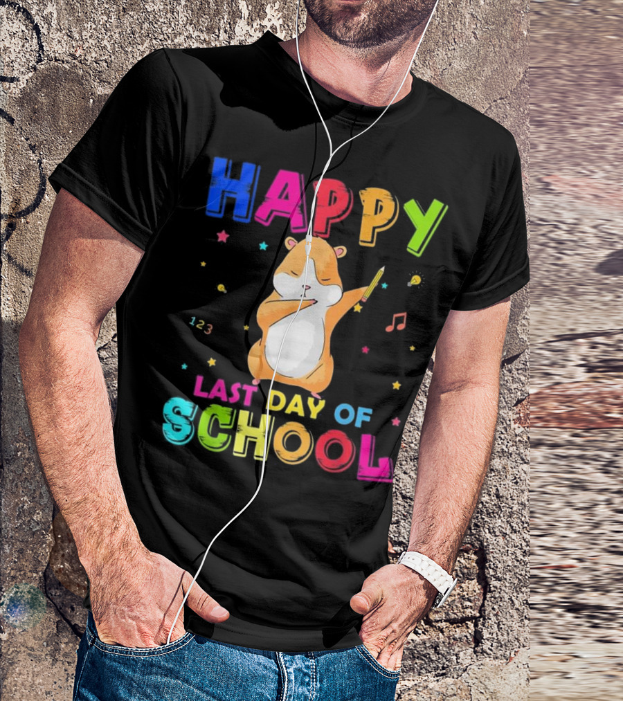 Happy Last Day Of School Dabbing Hamster With Colorful Letters And Musical Notes T-Shirt