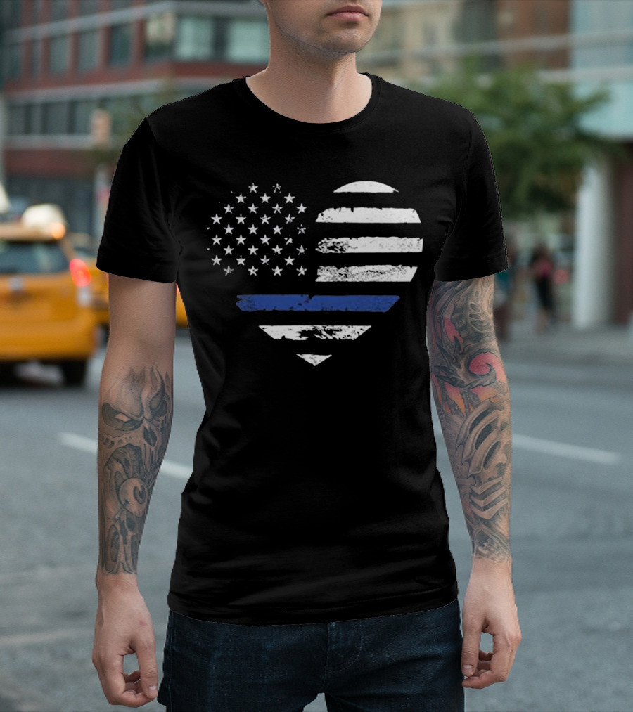 Police Officer Support American Flag Heart Thin Blue Line T-Shirt