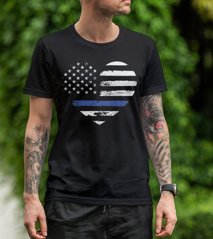 Police Officer Support American Flag Heart Thin Blue Line T-Shirt