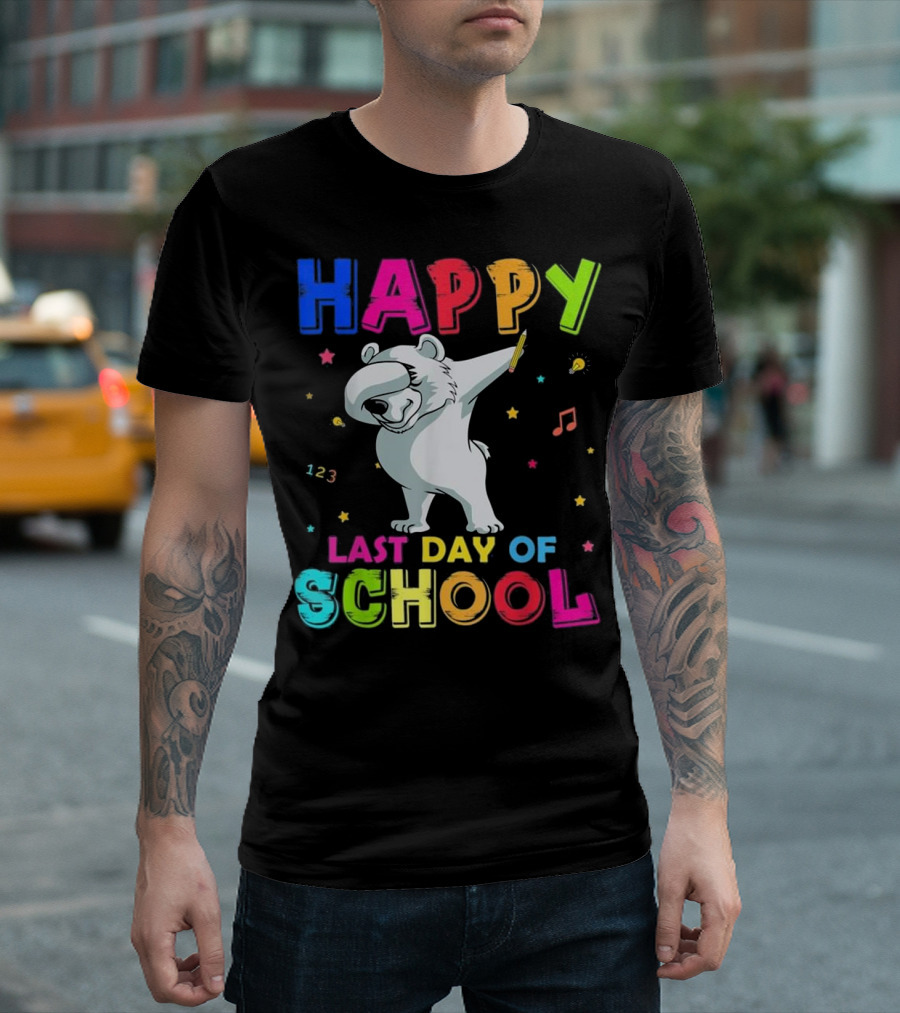 Happy Last Day Of School Dabbing Polar Bear With Colorful Letters And Musical Notes T-Shirt