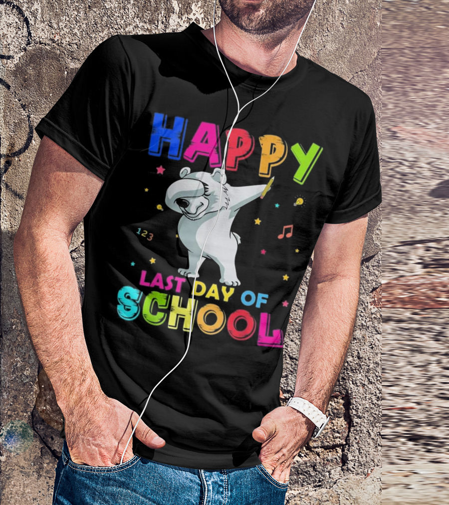 Happy Last Day Of School Dabbing Polar Bear With Colorful Letters And Musical Notes T-Shirt