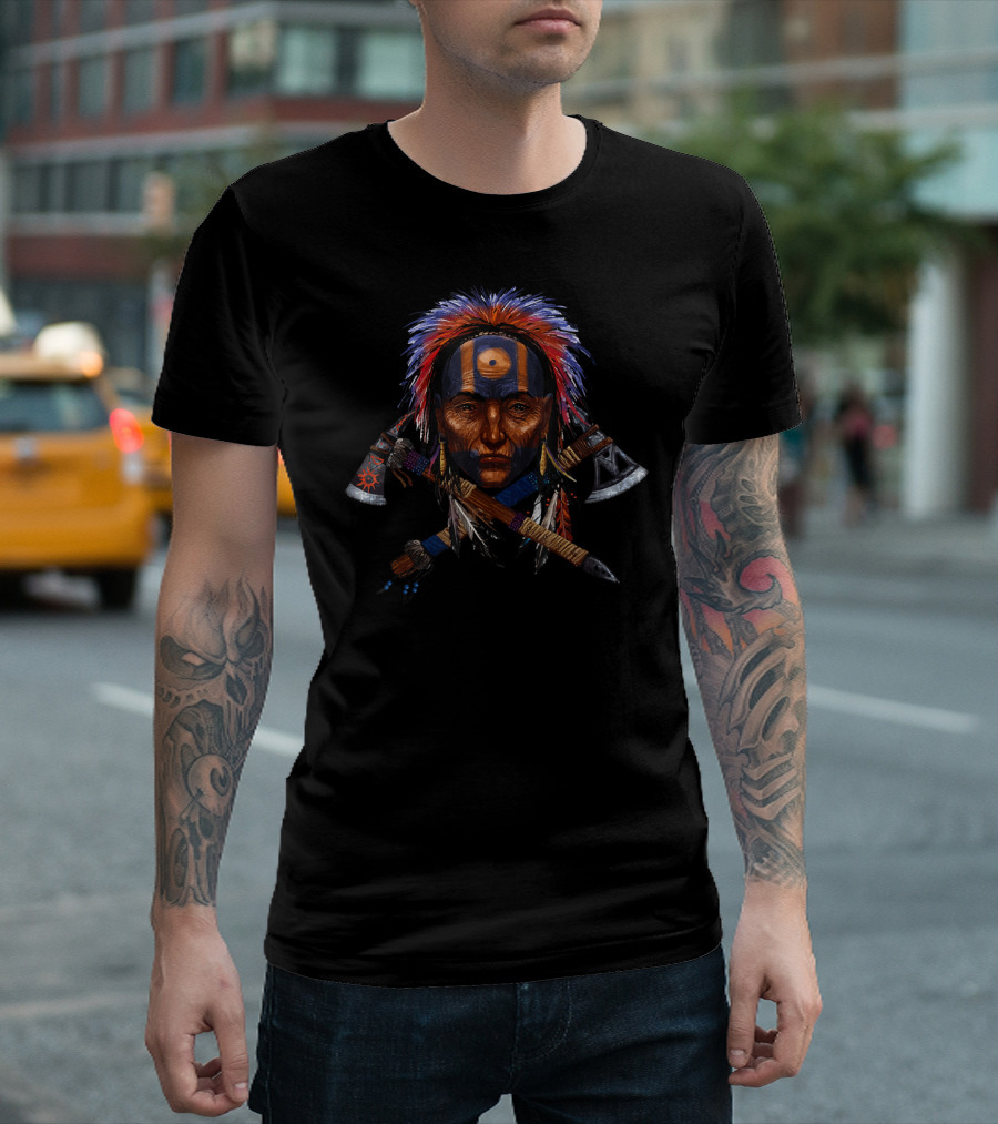 American Indian Feathered Skull Warrior with Crossed Tomahawks T-Shirt