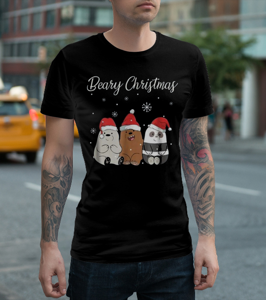 Beary Christmas Panda Polar Bear Trio Santa Hats Snowflakes T-Shirt