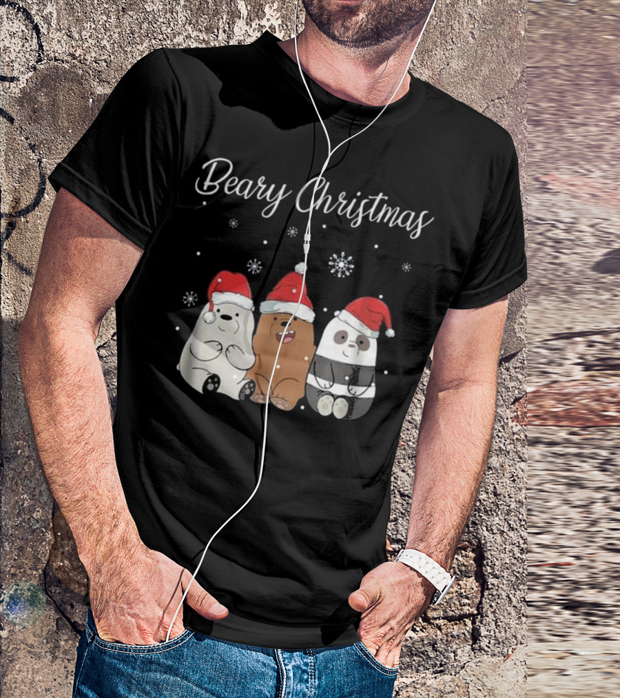 Beary Christmas Panda Polar Bear Trio Santa Hats Snowflakes T-Shirt