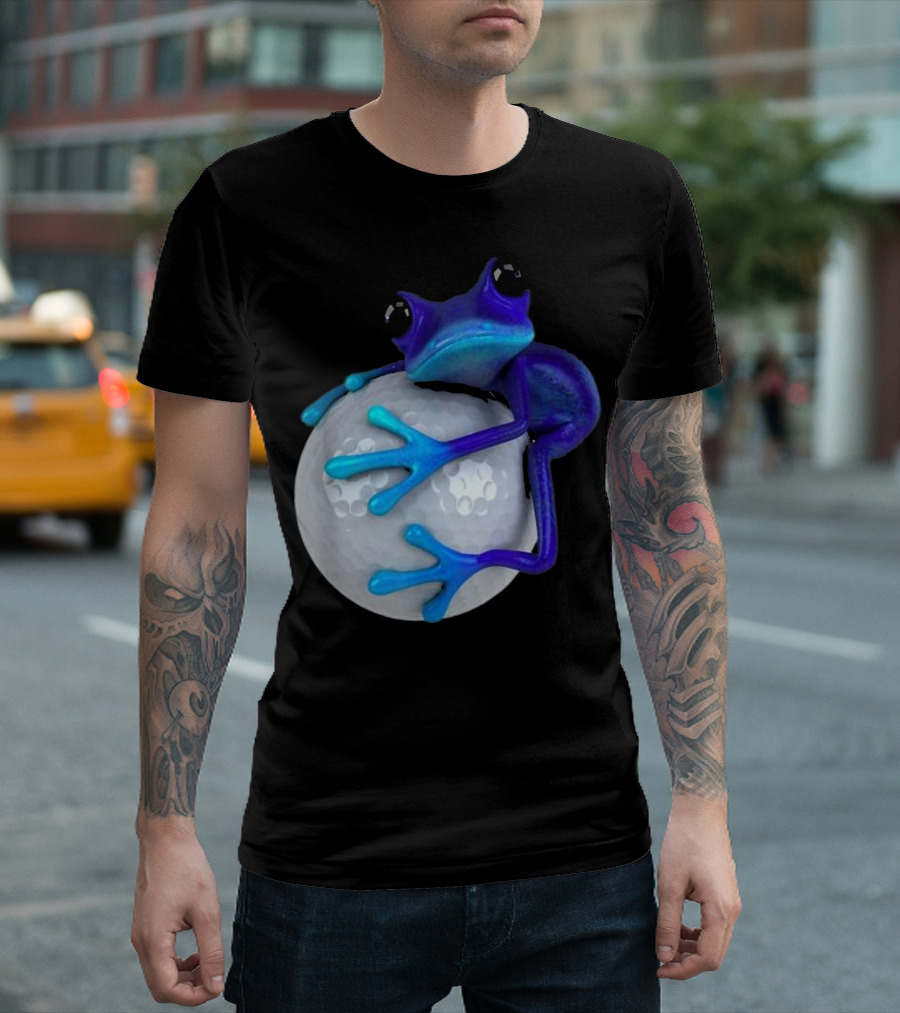 Cute Blue Frog Hugging Shiny Golf Ball T-Shirt