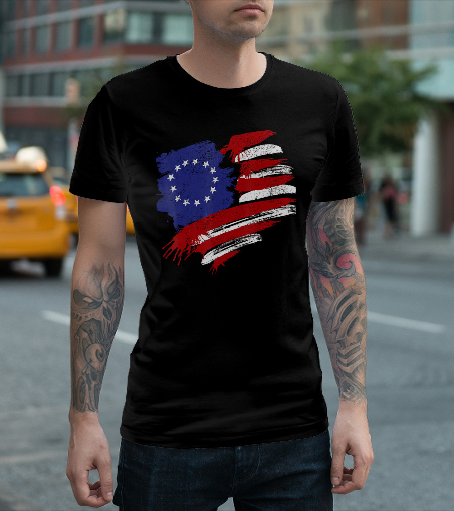 American Pride 13 Stars First American Flag Brushstroke T-Shirt
