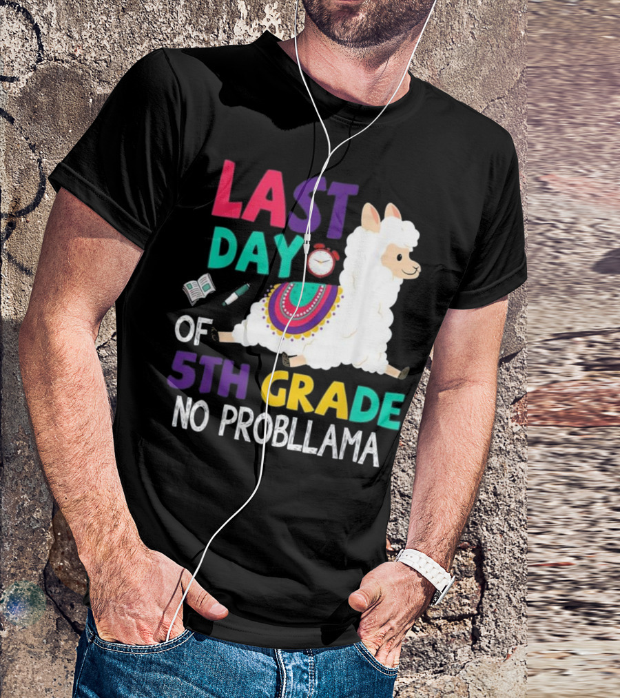 Last Day Of 5th Grade No Probllama Boys Girls Kids T-Shirt