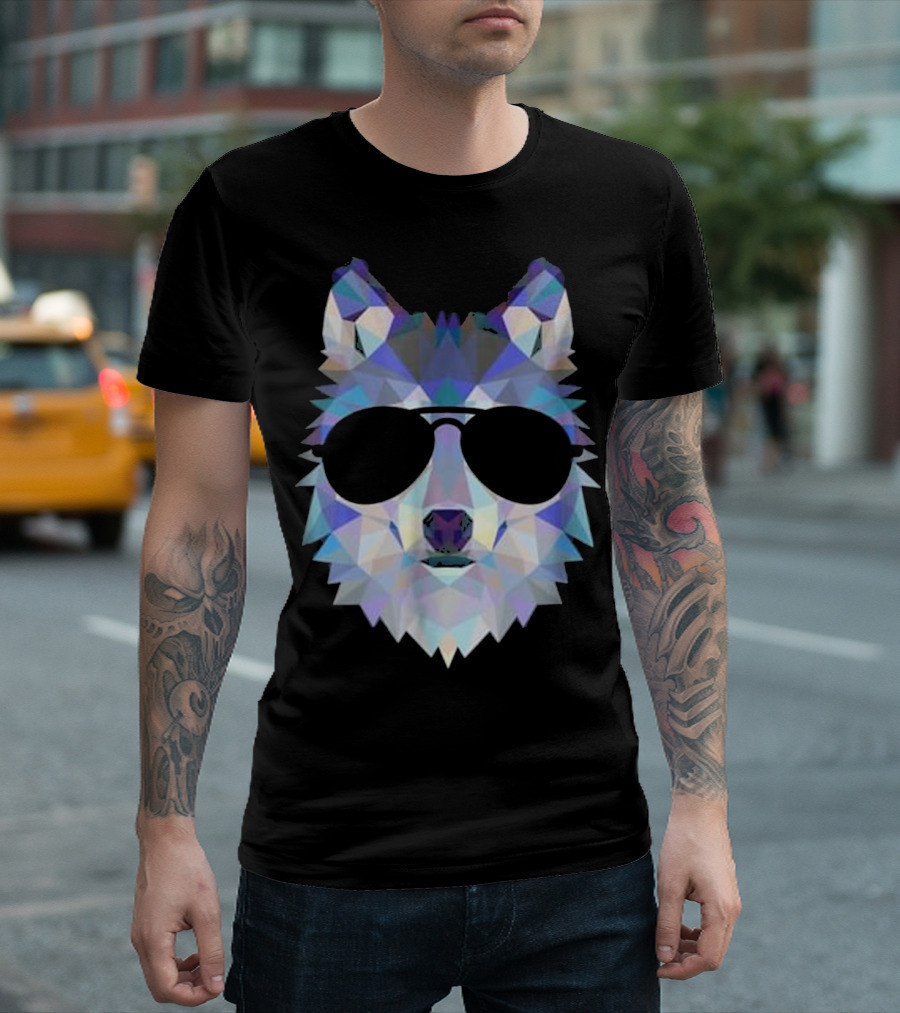 Polygonal Wolf Triangle Animal Print with Sunglasses T-Shirt