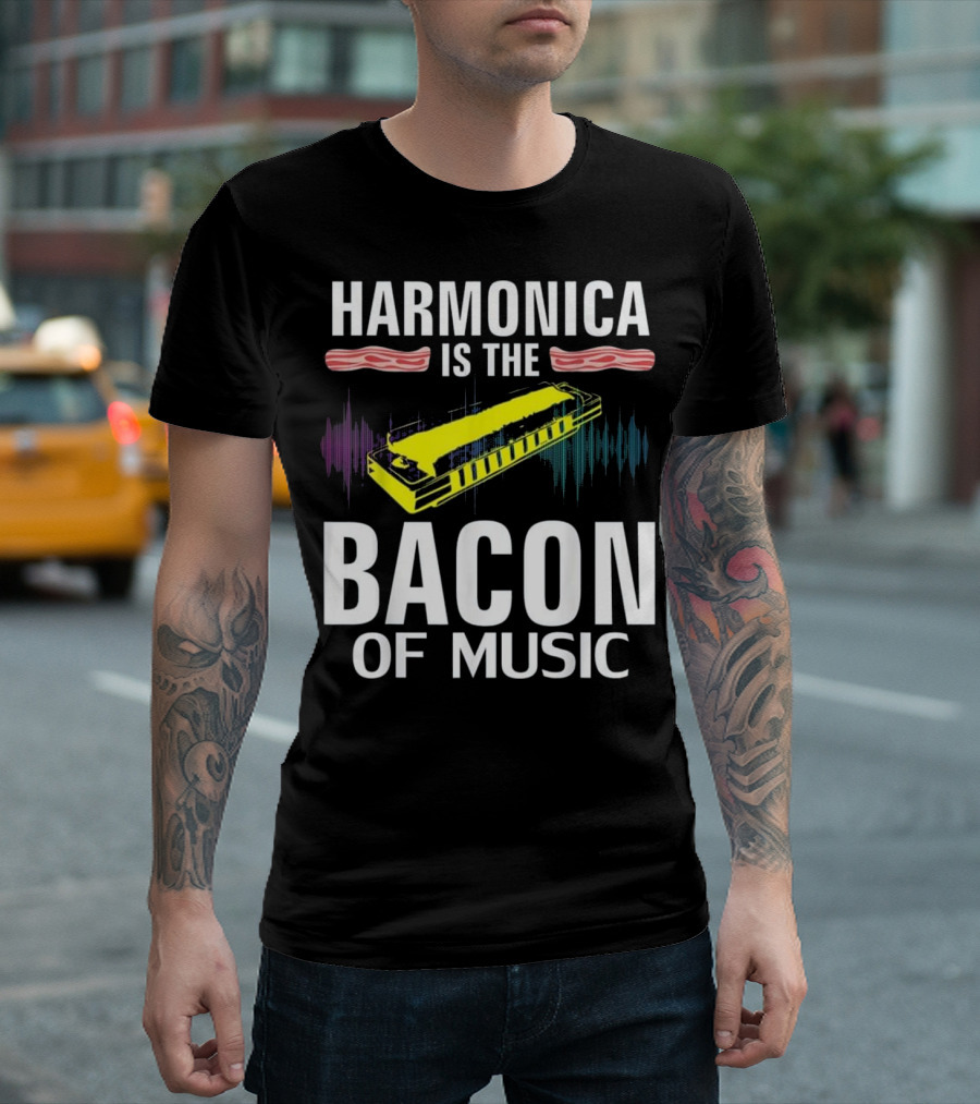 Harmonica Is the Bacon of Music with Sound Waves and Bacon Strips T-Shirt