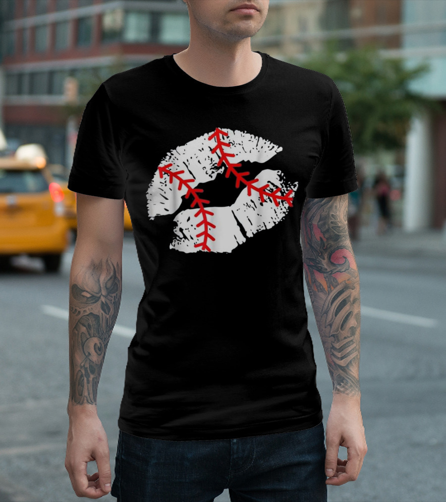 Funny Lipstick Kiss Baseball Seam Stitches T-Shirt