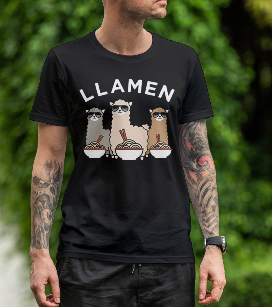 Llamen Funny Llama Ramen Sunglasses Cute Animal Trio T-Shirt