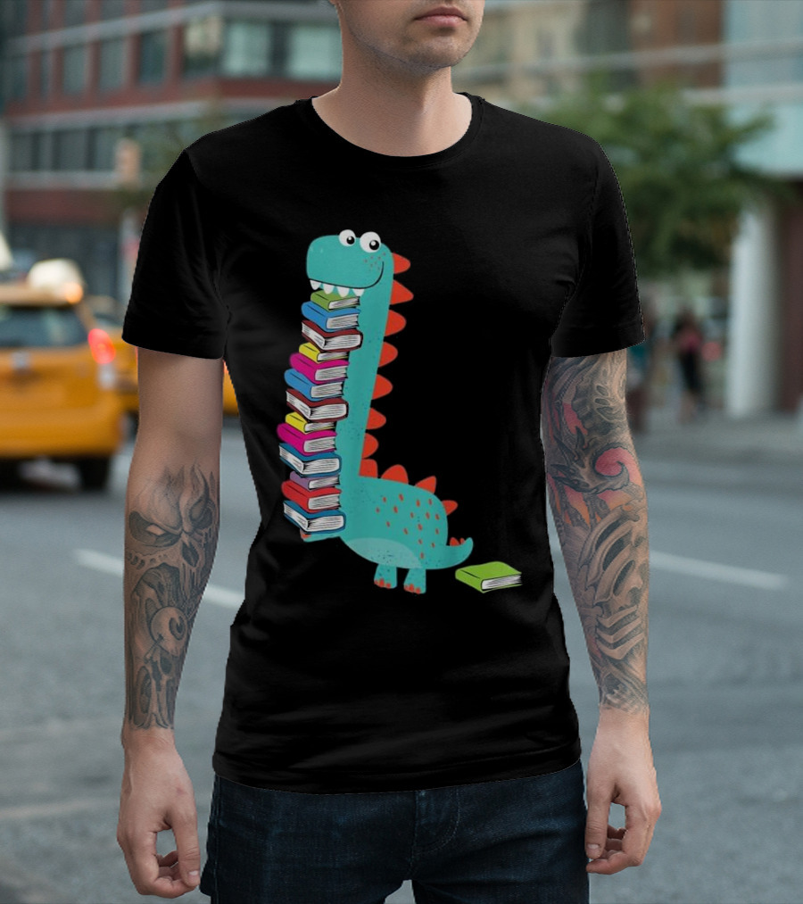 Cute Dinosaur Loves Book And Reading Book Fun Stack T-Shirt