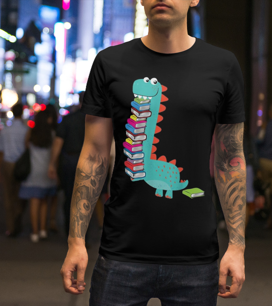 Cute Dinosaur Loves Book And Reading Book Fun Stack T-Shirt