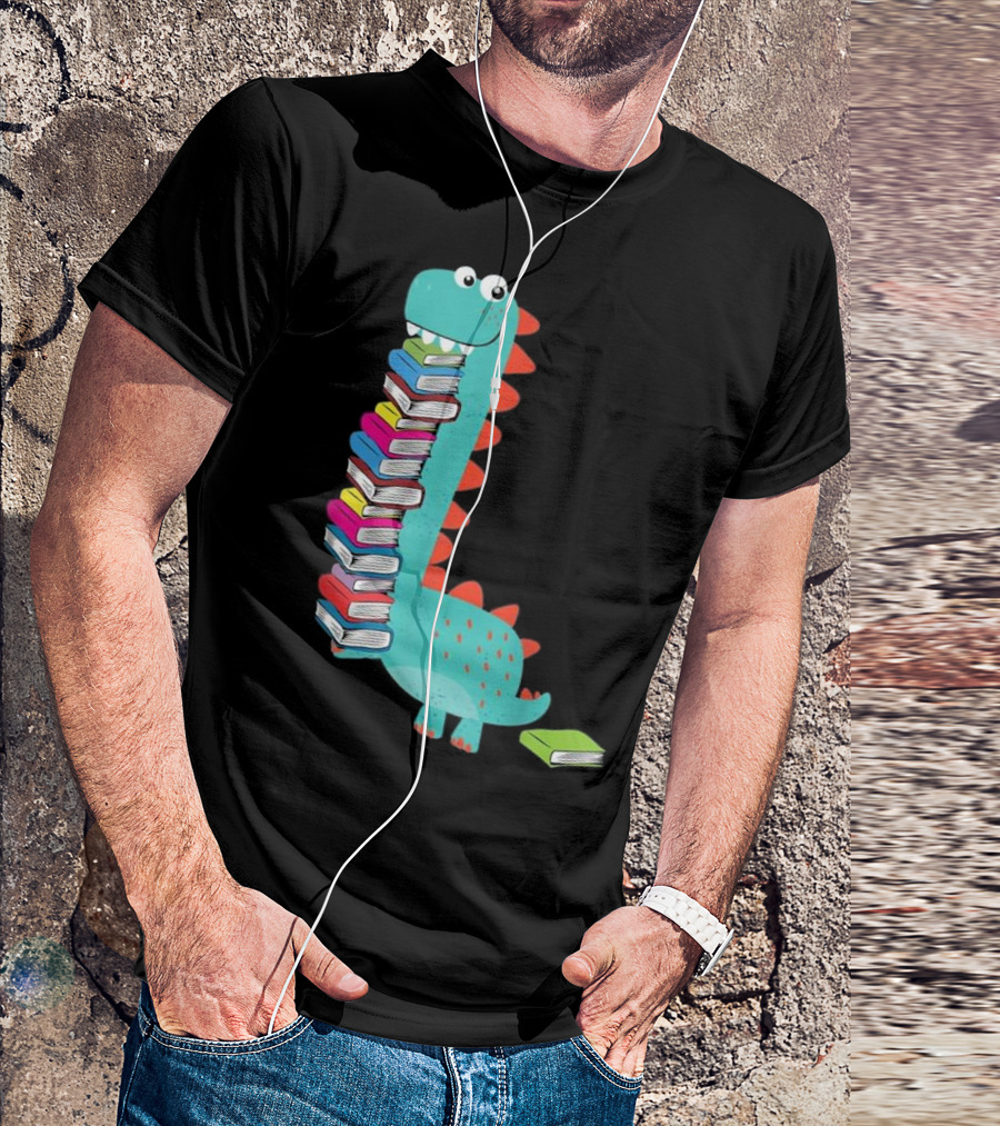 Cute Dinosaur Loves Book And Reading Book Fun Stack T-Shirt